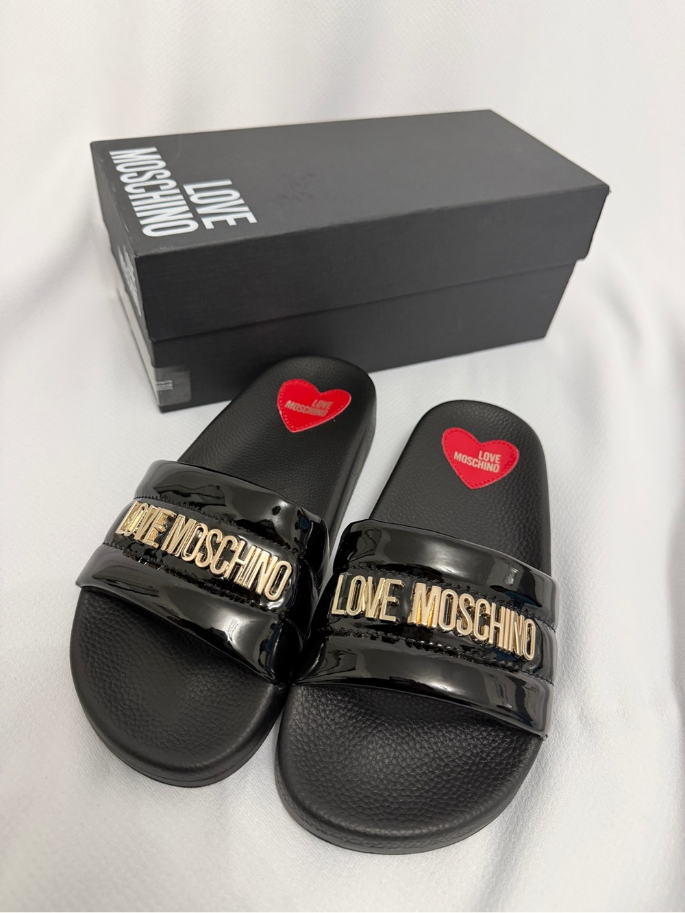 Love Moschino Black Slide Sandals with Gold Logo